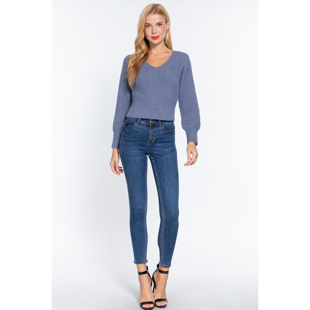 Long Puff Slv V-neck Rib Sweater - Picture 2 of 7